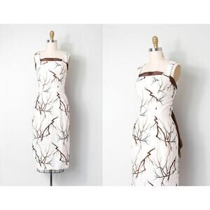 1950s Vintage Embroidered Wiggle Dress | Brown Branch, Cocktail XS Extra Small